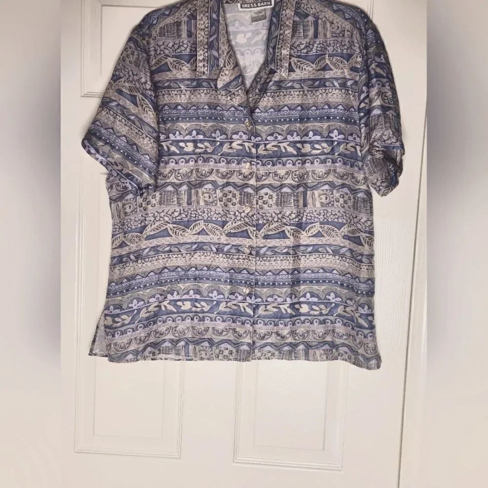 Dressbarn L Gray Blue Shrtslv Floral Print Striped Button Up Women Blouse Shirt